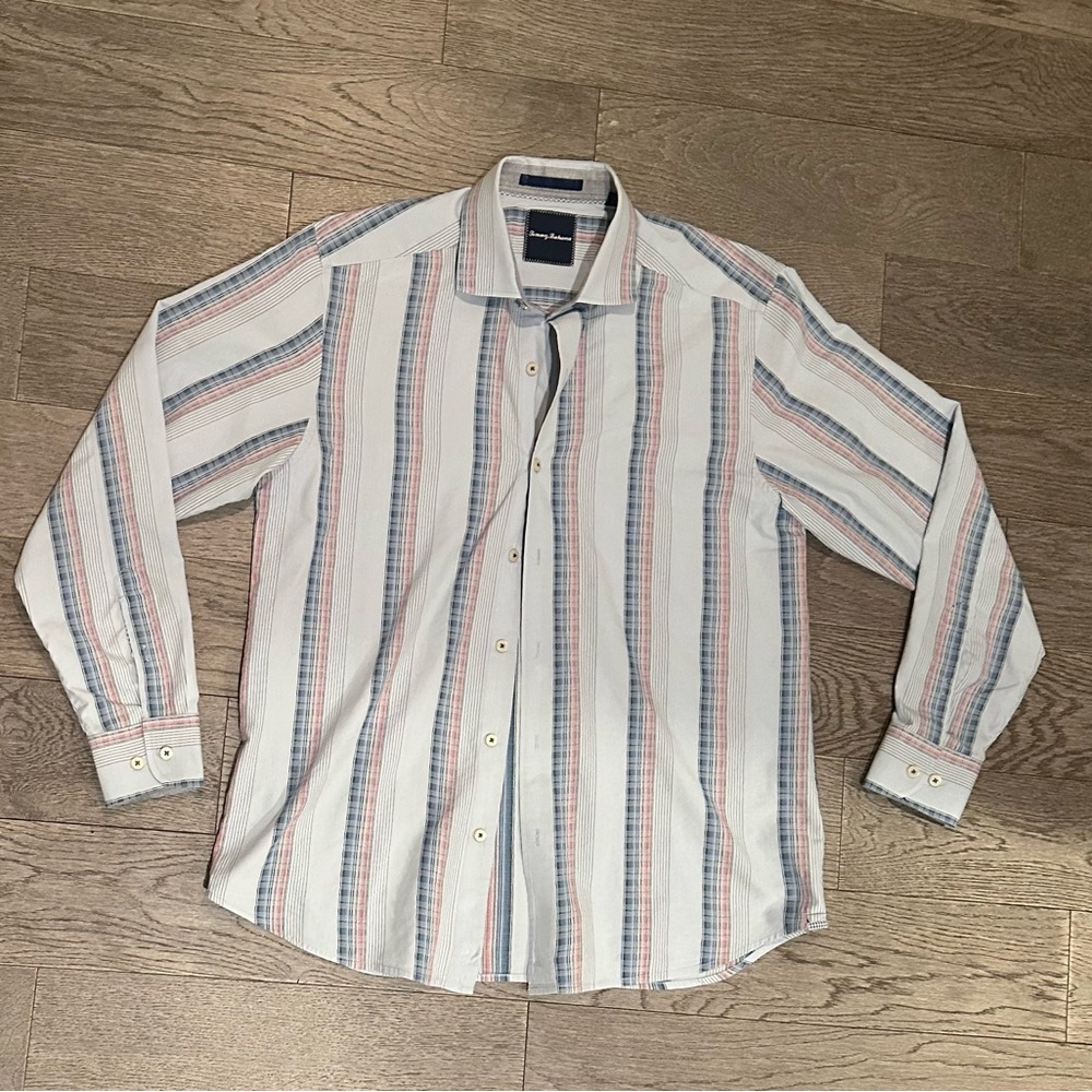 Tommy Bahama Silk Cotton Blend Long Sleeve Blue Striped Button Down Shirt Size M